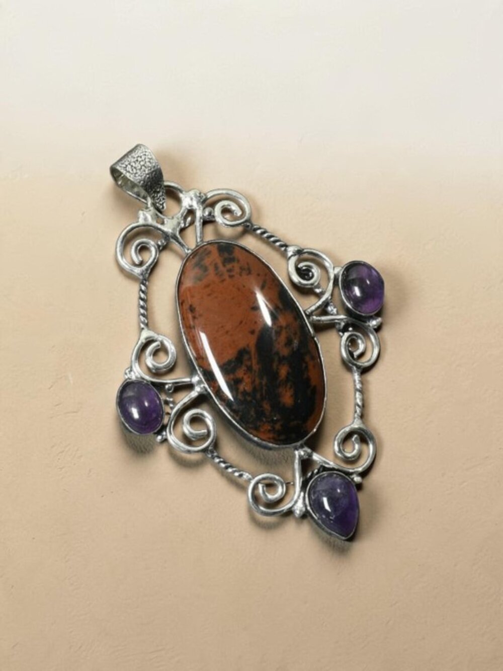 Mahogany Obsidian Amethyst Gemstone Handmade Pendant 3"
